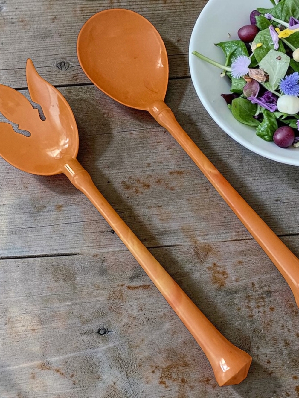 Vintage Melamine Salad Servers Set Harvest‎ Gold Butterscotch Marbled Fork Spoon